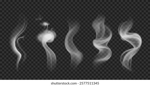 Set of vector realistic smoke, steam, fog. White wavy incense smoke isolated on transparent backdrop