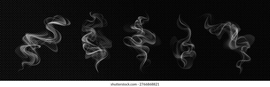 Set of vector realistic smoke, steam, aroma effects on a dark transparent background.