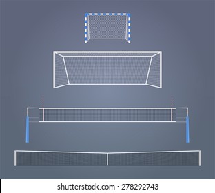 Set of the vector realistic sports equipment models. The relative sizes of gates and nets in different sports.