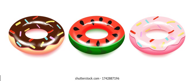Set of vector realistic swimming rings.Swim rings on white background. Inflatable rubber toy for  water and beach or trip safety.
