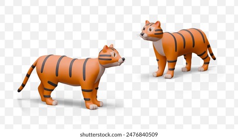 Set of vector realistic tigers, view from different sides. Striped wild animal, predator