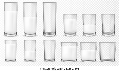 Set Of Vector Realistic Transparent Glass Glasses Empty, Half Full And Full Of Milk, Dairy Product, Yogurt, Kefir, Protein Cocktail. Print, Template, Design Element