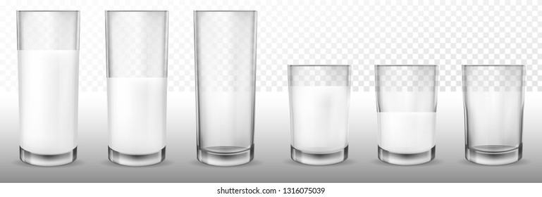 Set of vector realistic transparent glass glasses empty, half full and full of milk, dairy product, yogurt, kefir, protein cocktail. Print, template, design element