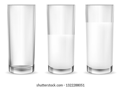 Set of vector realistic transparent glass glasses empty, half full and full of milk, dairy product, yogurt, kefir, protein cocktail. Print, template, design element