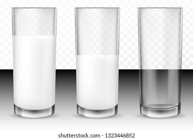 Set Of Vector Realistic Transparent Glass Glasses Empty, Half Full And Full Of Milk, Dairy Product, Yogurt, Kefir, Protein Cocktail. Print, Template, Design Element