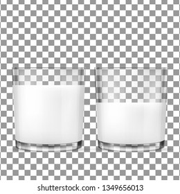 Set Of Vector Realistic Transparent Glass Glasses Half Full And Full Of Milk, Dairy Product, Yogurt, Kefir, Protein Cocktail. Print, Template, Design Element