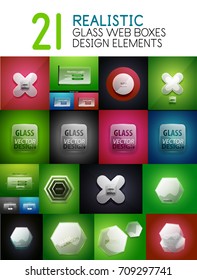 Set of vector realistic transparent glass web boxes, design elements, internet banners or interface backdrops. Circles, rectangles, crosses and hexagons with copy space