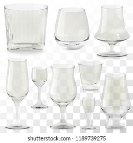 Set of vector realistic transparent whiskey glasses. Alcohol drink glass icons illustration