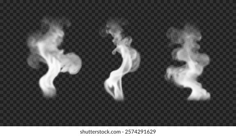 Set of vector realistic vapor, smoke from hot drinks, bbq, food. Soft wavy, swirl steam, fog isolated on transparent backdrop