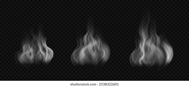 Set of vector realistic wavy hot steam, smoke, haze. White wavy fog on water, tea, coffee, food isolated on transparent backdrop