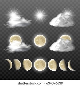 Set of vector realistic weather icons - sun, clouds, moon in different phases, isolated on transparent background