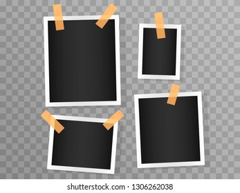 Set of vector realistic white border photo frames with orange adhesive tape isolated on transparent background. Print paper.