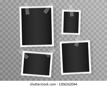 Set of vector realistic white border photo frames with transparent adhesive tape isolated on transparent background. Print paper.