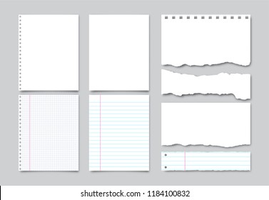 Set of vector realistic white paper, lined notebook pages and pieces of torn paper with shadow