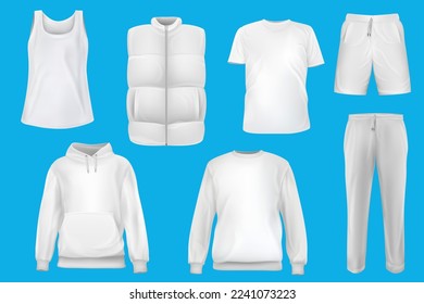 Satz von vektorrealem weißem T-Shirt, Sweatshirt, Hoodie, Weste, kurze Hosen, Untertücher einzeln auf blauem Hintergrund. 3D-Muster für Branding oder Mode. Vorlage für das Auflistungsdesign.