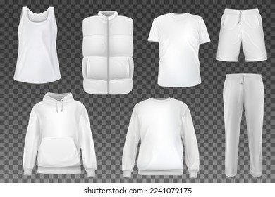 Set of vector realistic white t-shirt, sweatshirt, hoodie, vest, shorts, pants base cloth isolated on transparent background. 3d mockup for branding or fashion. Collection design casual template.