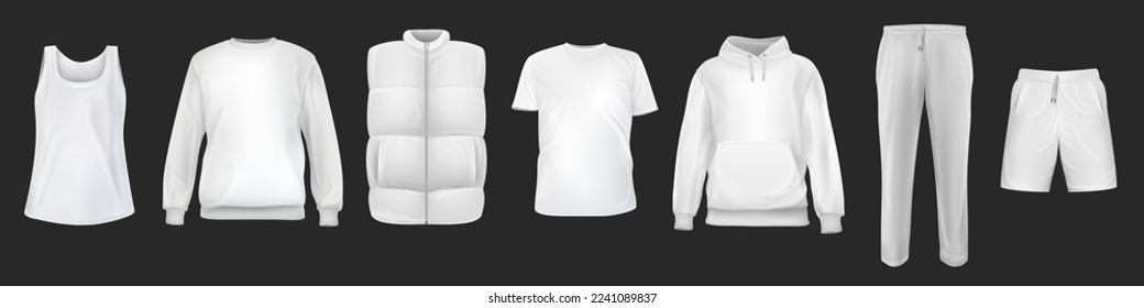 Juego de camisetas blancas vectoriales, sudaderas, capuchas, chalecos, pantalones cortos, tela base de pantalones aislados en fondo negro. 3d burla por marca o moda. Plantilla casual de diseño de colección.