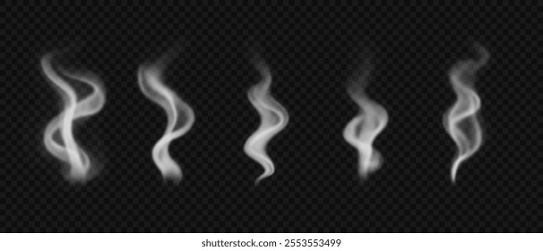 Set of vector realistic white wavy smoke and haze. Hookah and cigarettes steam isolated on transparent backdrop