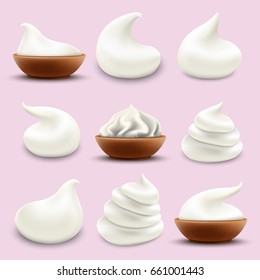 Set of Vector Realistic White Whipped Cream or Foam Isolated High Quality Illustration