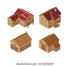 set of vector realistic wooden buildings of isometry