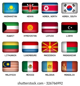 Set of Vector Rectangle Pillow Button Shape Flags of the World Most States 