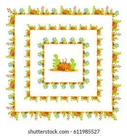 Set of vector rectangle, square frames. Cartoon illustration of kawaii crabs, seaweeds, corals and stones. Cute colors, yellow, orange, green, blue, brown color. Sweet childish design