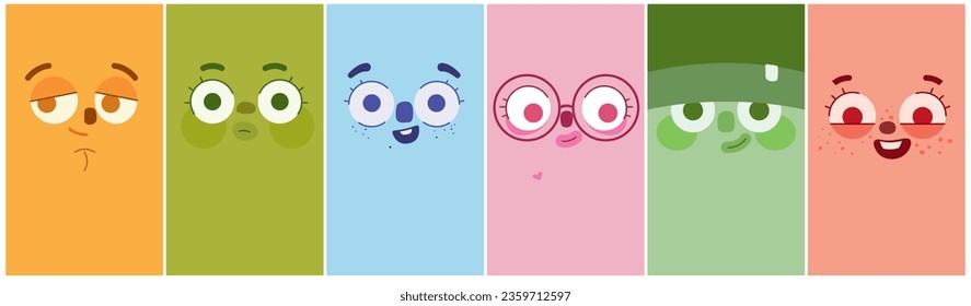 Set of vector rectangular avatars on a white background. Funny faces of different people in different bright colors.