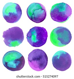 Set of vector rectangular blue watercolor drop. Abstract art hand paint isolated on white background. Watercolor stains