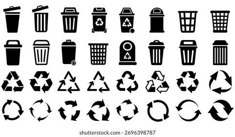 set Vector Icono de reciclaje y basura. Diferentes símbolos de basura Ilustración de diseño de letrero de flecha de reciclaje
