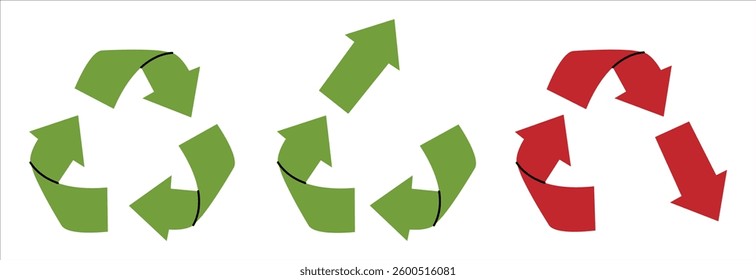 Set of vector recycling, upcycling and downcycling signs, isolated icons on white background. Green and red reuse symbols for ecological design, marking, product labeling. Zero waste lifestyle