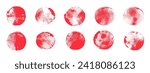 Set of vector red brush circles. Rough textured hand painted Japanese flag. Sponge stamp grungy red ink blobs, splashes. Abstract watercolor Japan flag illustration. Symbol of sun, calligraphy art