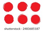 Set of vector red brush circles. Rough textured hand painted Japanese flag. Sponge stamp grungy red ink blobs, splashes. Abstract watercolor Japan flag illustration. Symbol of sun, calligraphy art