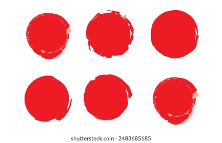 Set of vector red brush circles. Rough textured hand painted Japanese flag. Sponge stamp grungy red ink blobs, splashes. Abstract watercolor Japan flag illustration. Symbol of sun, calligraphy art