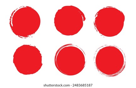 Set of vector red brush circles. Rough textured hand painted Japanese flag. Sponge stamp grungy red ink blobs, splashes. Abstract watercolor Japan flag illustration. Symbol of sun, calligraphy art