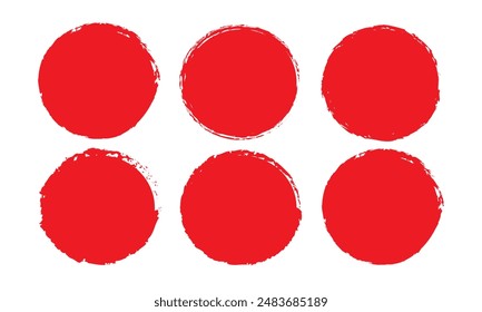 Set of vector red brush circles. Rough textured hand painted Japanese flag. Sponge stamp grungy red ink blobs, splashes. Abstract watercolor Japan flag illustration. Symbol of sun, calligraphy art