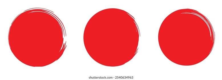 Conjunto de círculos de pincel vermelho vetorial. Bandeira japonesa pintada à mão texturizada áspera. Esponja carimbo de tinta vermelha grungy bolhas, respingos. Ilustração abstrata da bandeira do Japão. Símbolo do sol, arte caligráfica.