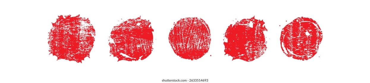 Set of vector red brush circles. Rough textured hand painted Japanese flag. Sponge stamp grungy red ink blobs, splashes. Abstract watercolor Japan flag illustration. Symbol of sun, calligraphy art