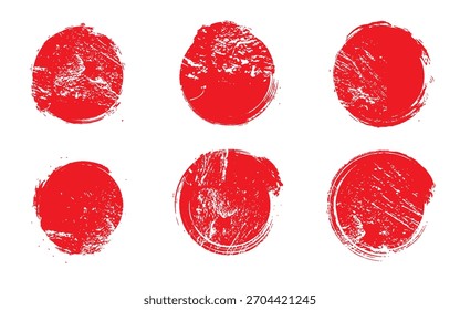 Set of vector red brush circles. Rough textured hand painted Japanese flag. Sponge stamp grungy red ink blobs, splashes. Abstract watercolor Japan flag illustration. Symbol of sun, icon art