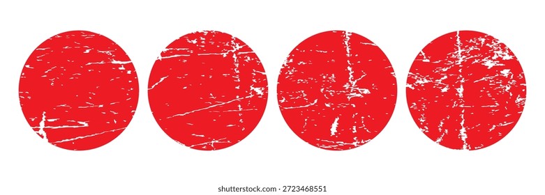 Conjunto de círculos de pincel vermelho vetorial. Bandeira japonesa pintada à mão texturizada áspera. Esponja carimbo de tinta vermelha grungy bolhas, respingos. Ilustração abstrata da bandeira do Japão. Símbolo de sol, caligrafia Eps10