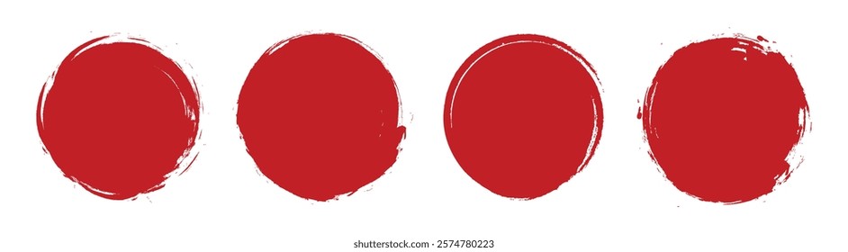 Set of vector red brush grunge circles. Rough textured hand painted Japanese flag.  Abstract watercolor Japan flag illustration. Symbol of sun, calligraphy art