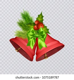 Set of vector red Christmas bells with realistic bows and holly, isolated on transparent background