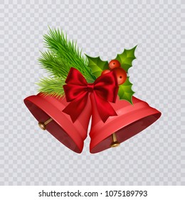 Set of vector red Christmas bells with realistic bows and holly, isolated on transparent background