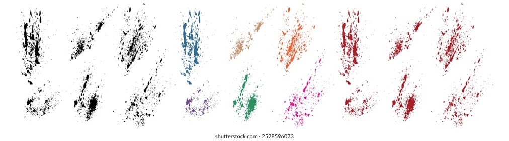 Conjunto de sangre de color rojo Vector, naranja, verde, púrpura, trigo y fondo de salpicaduras de Anuncio negro. colección de fondo de salpicaduras de sangre colorida