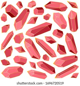 Set of vector red crystals in gold, hand-drawn with precious stones, magic element, ruby