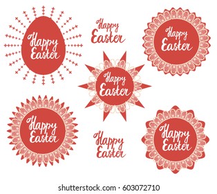 Set of vector red elements for Easter. Egg and round frames. Happy Easter lettering. Lace white. Isolated illustration on white background.