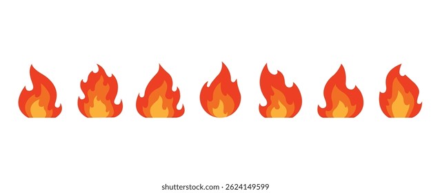 Set of vector red fire icons in simple shapes. Fire icons in flat style. Fire symbols. Vector illustration of fire, wildfire and campfire on transparent background.