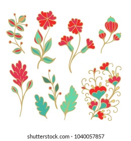 Set of vector red flowers on white background