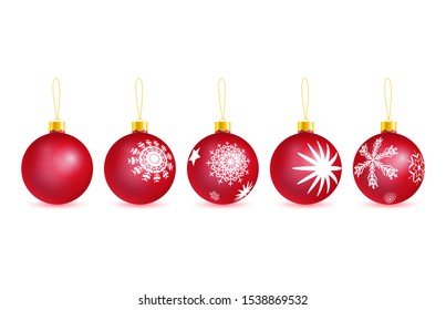 set of vector red glass christmas tree balls with drawing snowflakes hanging on yellow eyelets isolated on white background. 3D illustration.