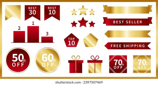 Set of vector red and gold stickers for discounts and promotions. Badges for business and best sellers and best products. Stars, ribbons, flags, crowns