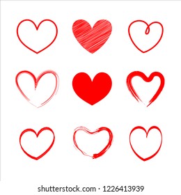 Set vector red heart hand the draw for valentine's day.Brush design on white background.vector illustration.Concept of heart elements for card valentine.